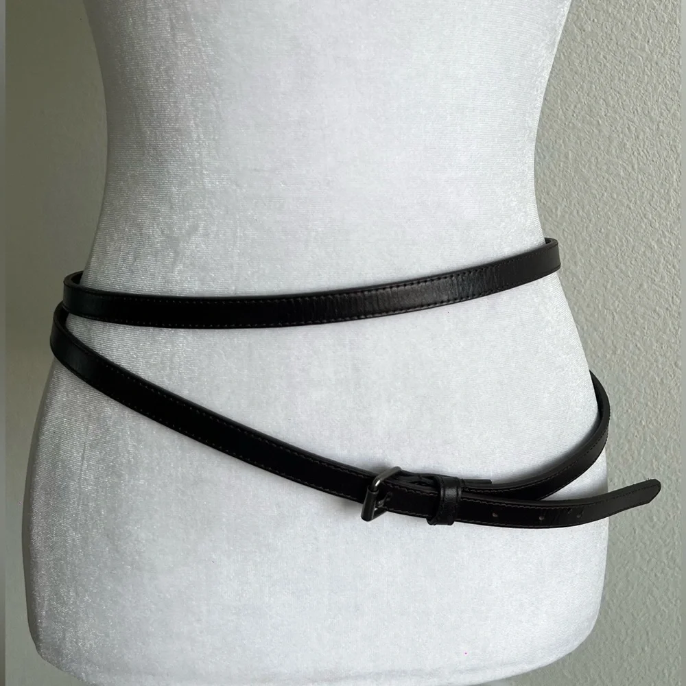 Dark Brown Leather long skinny Belt with Buckle